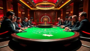 Permainan blackjack yang intens menampilkan chip obral toto dan kartu dalam suasana kasino mewah.