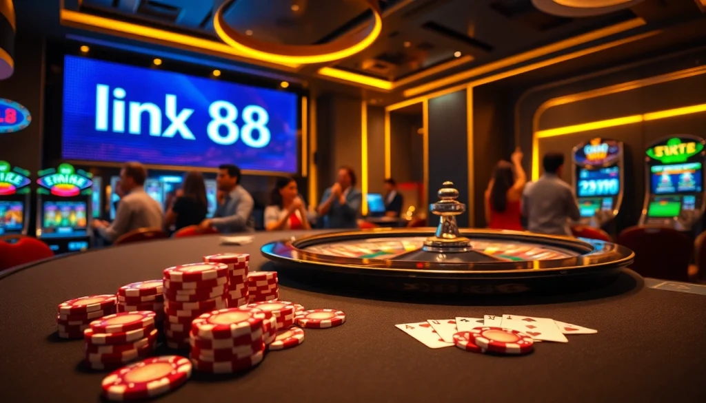 Engage with link xx88 at an elegant casino featuring vibrant poker chips and a roulette wheel.