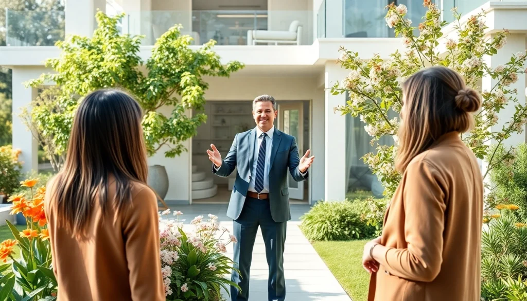 Real Estate agent showcases a beautiful home to engaged buyers, highlighting key features.