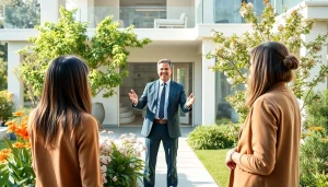 Real Estate agent showcases a beautiful home to engaged buyers, highlighting key features.