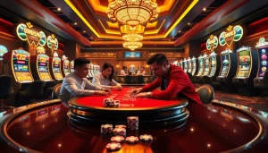 Experience thrilling gameplay at MM88 with a vibrant casino scene filled with engaging players and dazzling tables.