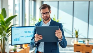 SEO consultant analyzing data in a modern office to optimize online presence.