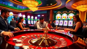 Excited players enjoying UU88 at a luxurious casino roulette table with vibrant chips.