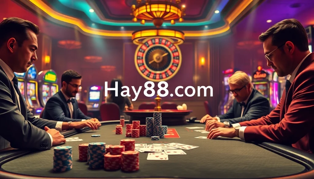 Gamblers strategizing at a luxurious casino table on Hay88 com, showcasing high-stakes poker action.