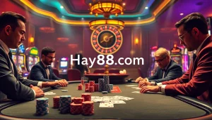 Gamblers strategizing at a luxurious casino table on Hay88 com, showcasing high-stakes poker action.