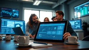 Engineers collaborating on AI testing platform interface at https://benchbot.ai in a modern office.