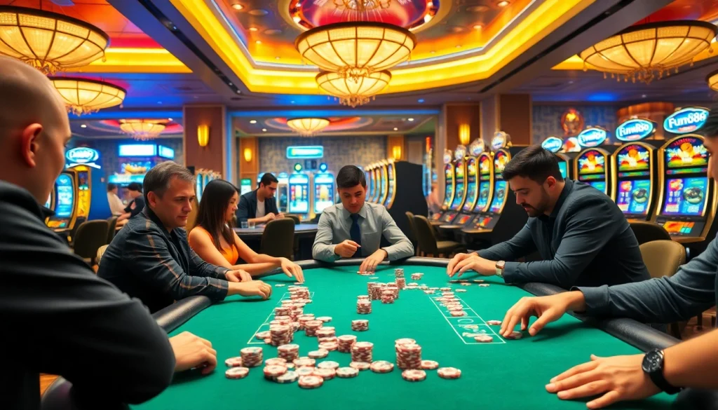 Play exciting poker at Fun88's vibrant casino table filled with chips and cards.