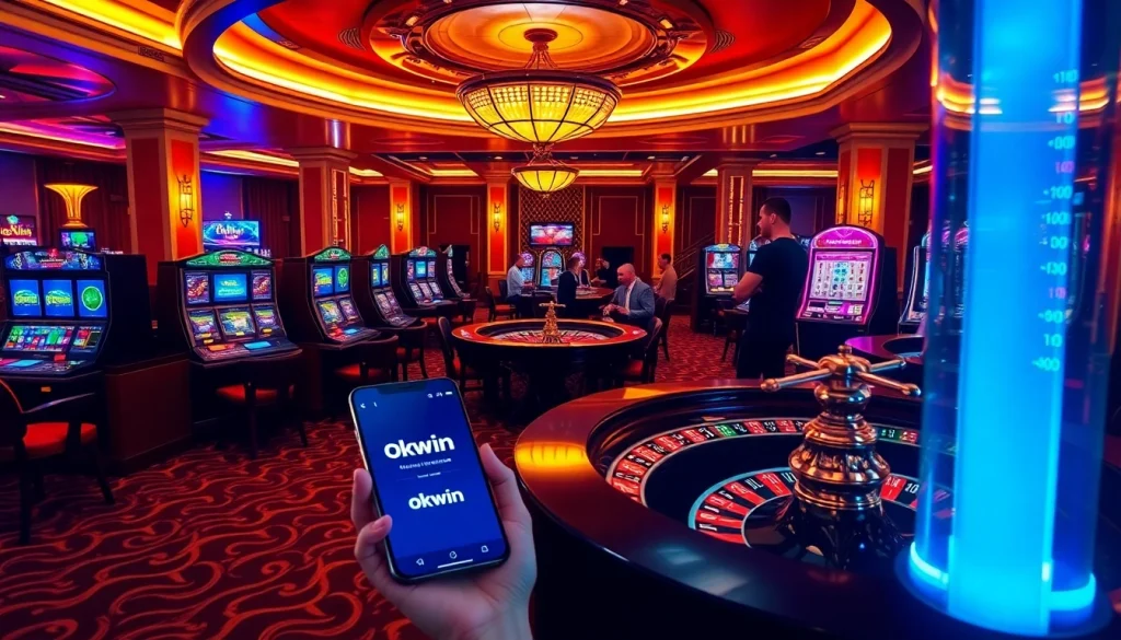 Okwin platform showcased in a luxurious casino setting with vibrant slot machines and gaming tables.