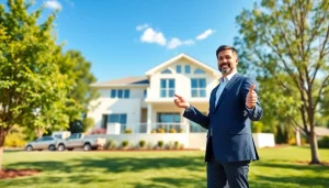 Real Estate agent showcasing a property highlighting modern architecture and appealing surroundings.
