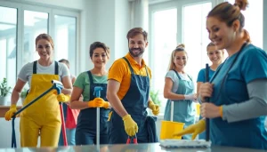 Showcasing a cleaning service team working efficiently in a bright, modern home environment.