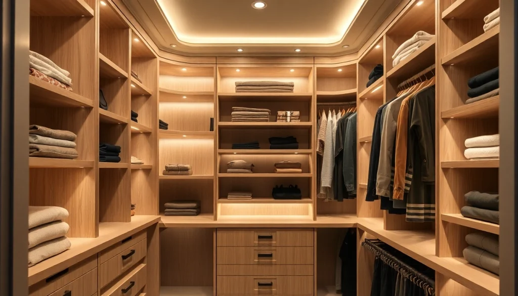 Closets showcasing organized shelves and compartments with elegant design elements for efficient storage.