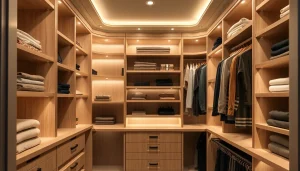 Closets showcasing organized shelves and compartments with elegant design elements for efficient storage.