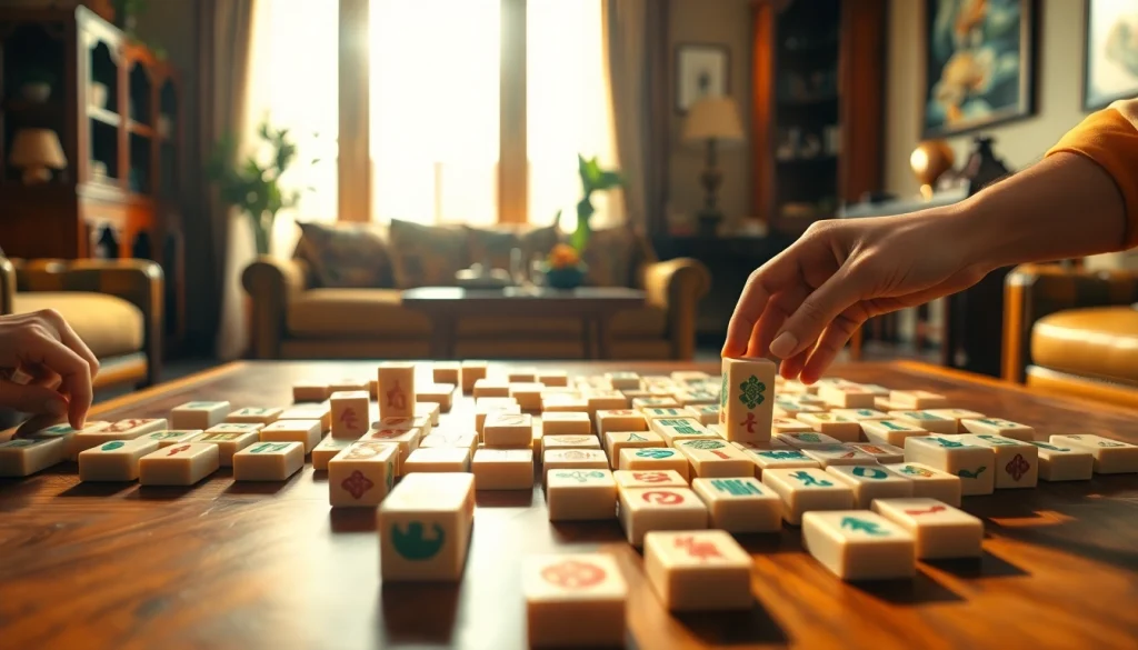 Mah Jongg permainan yang mengasyikkan dengan ubin indah di meja kayu.