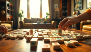 Mah Jongg permainan yang mengasyikkan dengan ubin indah di meja kayu.