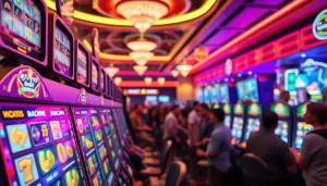 Menampilkan atraksi perjudian walettoto dengan mesin slot berwarna-warni yang menarik perhatian.