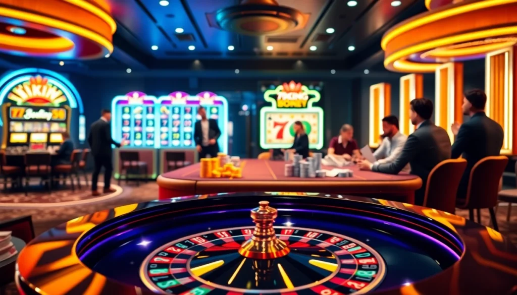 79king players celebrate a jackpot win at a luxurious casino table with vibrant chips and cards.