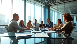 Engage in business discussions during a collaborative meeting in a dynamic office.