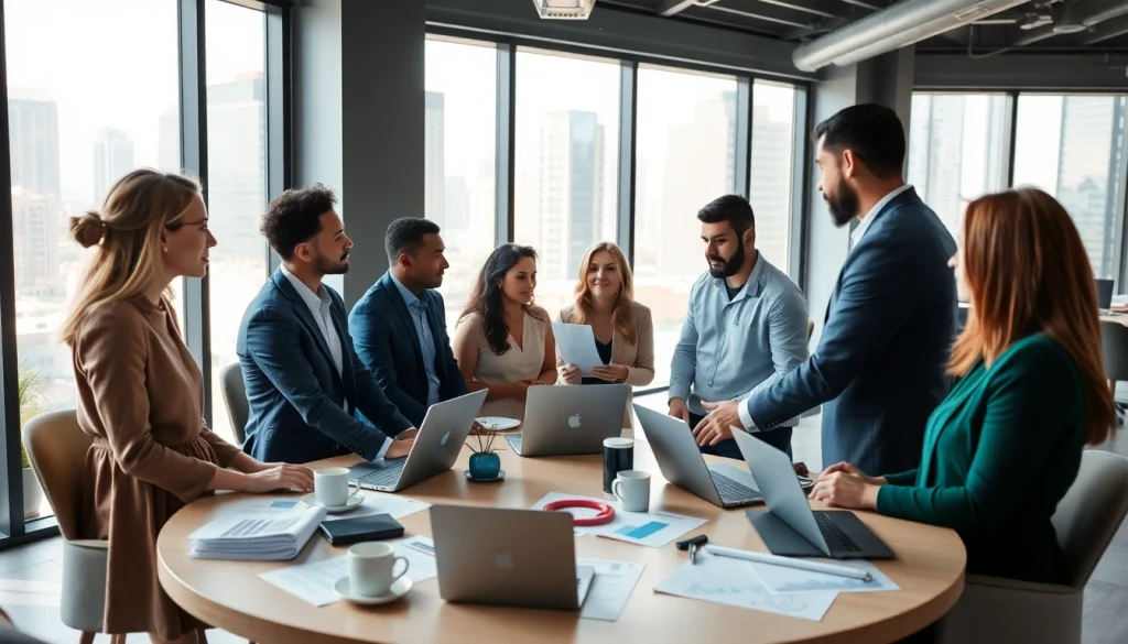 Team members collaborating at a business meeting in a modern office setting.