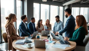 Team members collaborating at a business meeting in a modern office setting.