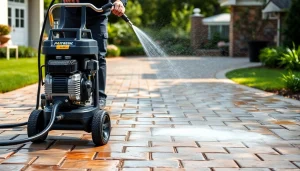 Profesionalni postopek čiščenja tlakovcev, ki prikazuje učinkovite tehnike čiščenja tlakovcev.