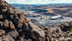 Iron ore deposits highlighted against a mining facility backdrop in natural light.