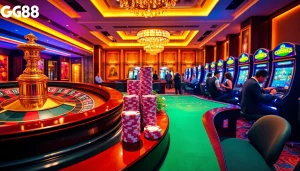 Gamblers enjoy exciting games at Nhà cái GG88 with vibrant casino scenes and engaging slot machines.