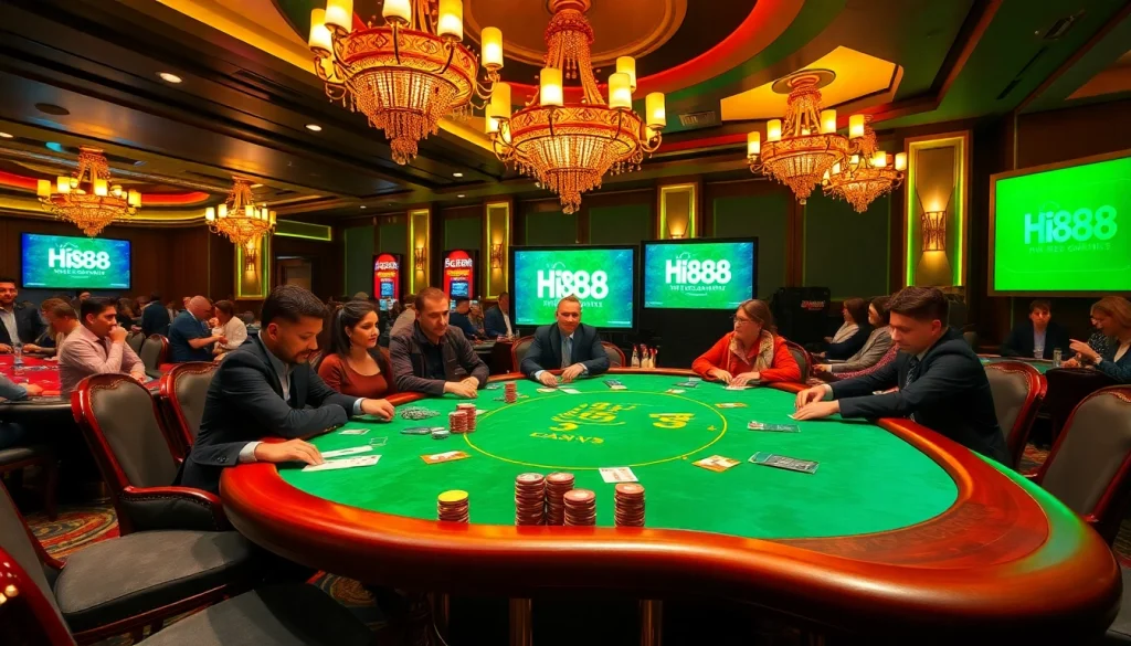 Hi88 casino scene with high-stakes poker table, players, and online gambling interface.
