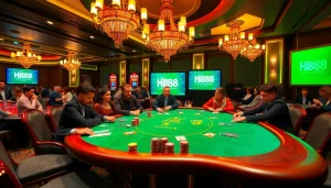 Hi88 casino scene with high-stakes poker table, players, and online gambling interface.