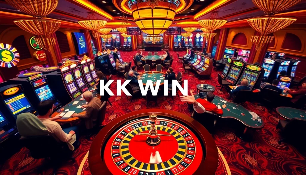 Experience the excitement of KK WIN at a luxurious casino, featuring vibrant games and enthusiastic players.