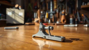 Showcasing a 3 position forced reset trigger amidst workshop tools, highlighting craftsmanship.