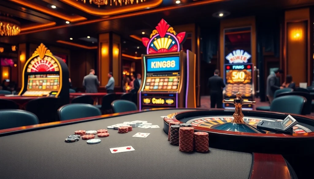 Enjoying a thrilling game at king88's luxurious casino table with colorful chips and vibrant slot machines.