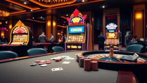 Enjoying a thrilling game at king88's luxurious casino table with colorful chips and vibrant slot machines.