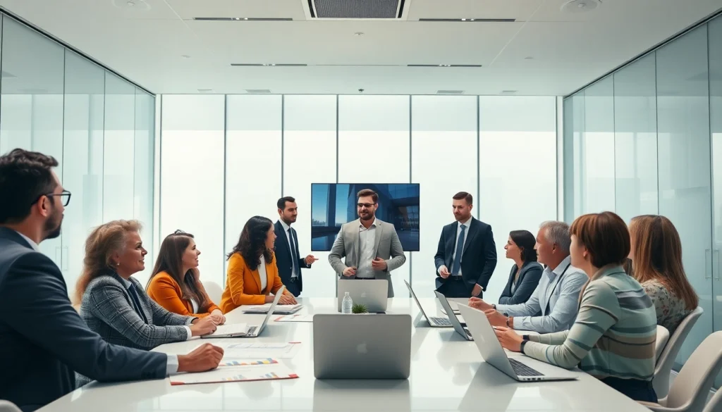 Engage in business discussions during a professional meeting with a diverse team