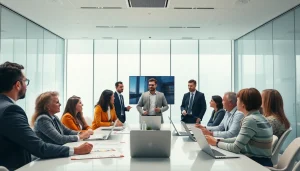 Engage in business discussions during a professional meeting with a diverse team