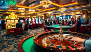 Exciting gaming scene at king88 com with players engaged in roulette and poker.