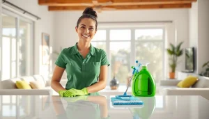 Engaging cleaning service team member using eco-friendly supplies to enhance a home's cleanliness.