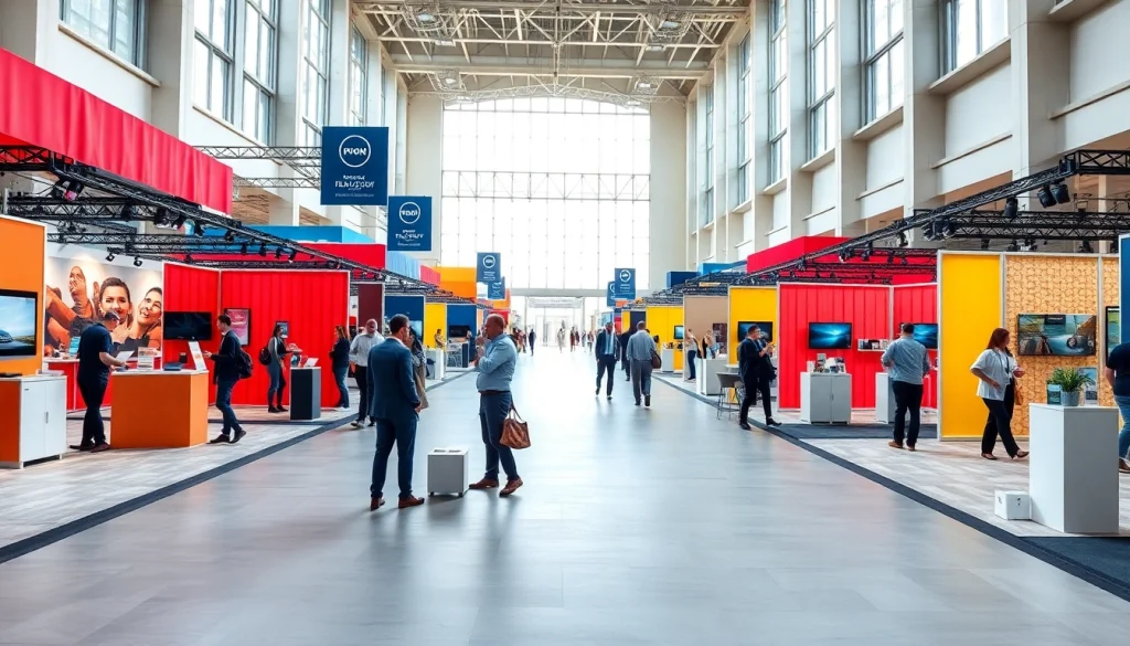 Engaging trade show displays attract visitors in a vibrant exhibition setting.