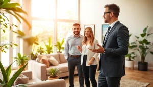 Showcasing a real estate agent guiding clients through a bright home environment.