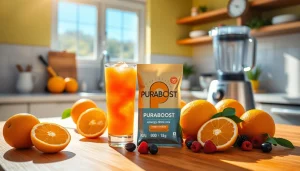 Puraboost energy drink mix in a vibrant kitchen setting with fresh fruits.