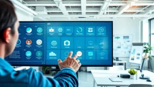 Engaging view of Ai Tool Navigator interface in a modern office with interactive AI displays.