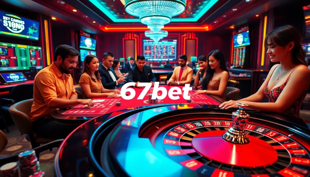 Experience thrilling gameplay at 67bet with vibrant casino tables and enthusiastic gamblers.