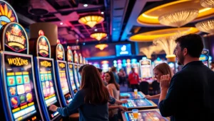 Players enjoying the thrill of gaming at https://casinodeets.com with colorful slot machines and a vibrant casino atmosphere.