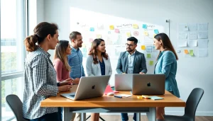Agency professionals brainstorming marketing strategies in a modern office setting.