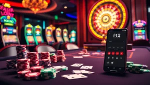 Experience high-stakes gaming with the f12 App in this vibrant casino scene featuring poker chips and roulette.