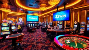 Casino gameplay scene showcasing the excitement of 32WIN with poker tables and slot machines.