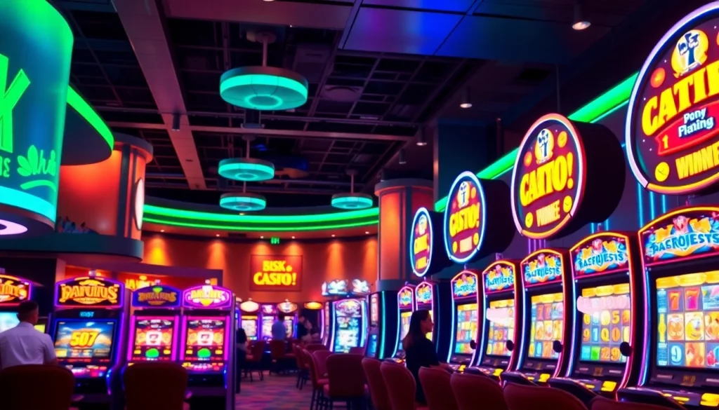 Slot depo 5k menampilkan suasana kasino yang penuh warna dan mesin slot menarik.