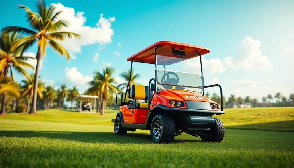 Kandi golf carts for sale showcased on a sunny golf course highlighting vibrant designs.