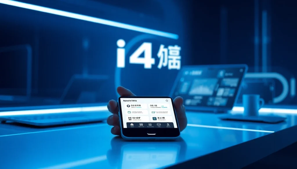 The i4助手 app showcased in a futuristic digital workspace helping users manage iOS devices easily.
