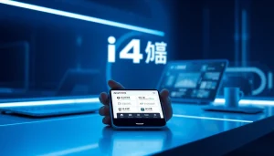 The i4助手 app showcased in a futuristic digital workspace helping users manage iOS devices easily.