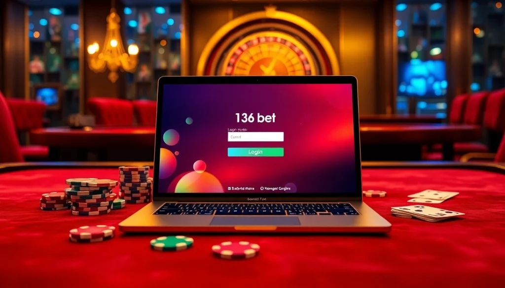Accessing the 136bet Login page amidst a thrilling casino atmosphere with vibrant gaming elements.